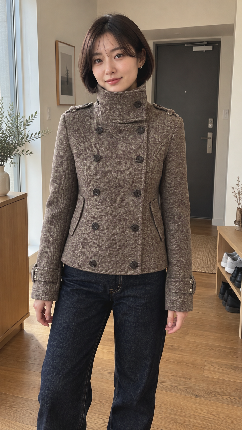 AI-styled look: Herringbone Tweed Peacoat Jacket, Floral Brown — Apartment entryway