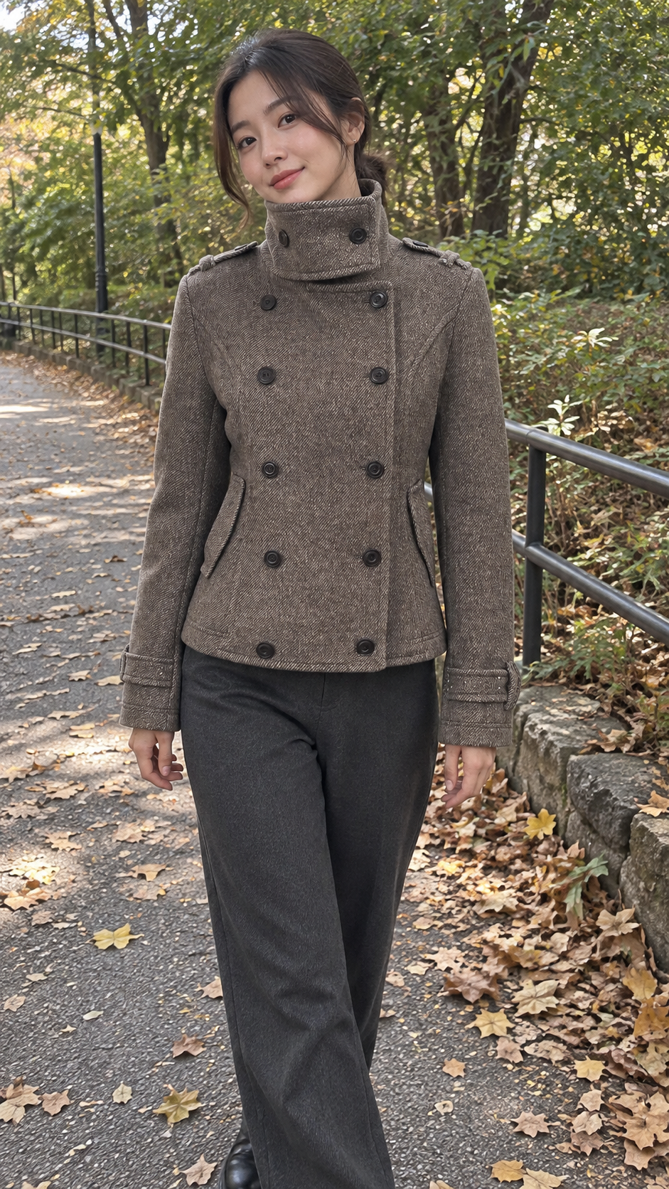 AI-styled look: Herringbone Tweed Peacoat Jacket, Floral Brown — Leafy park path