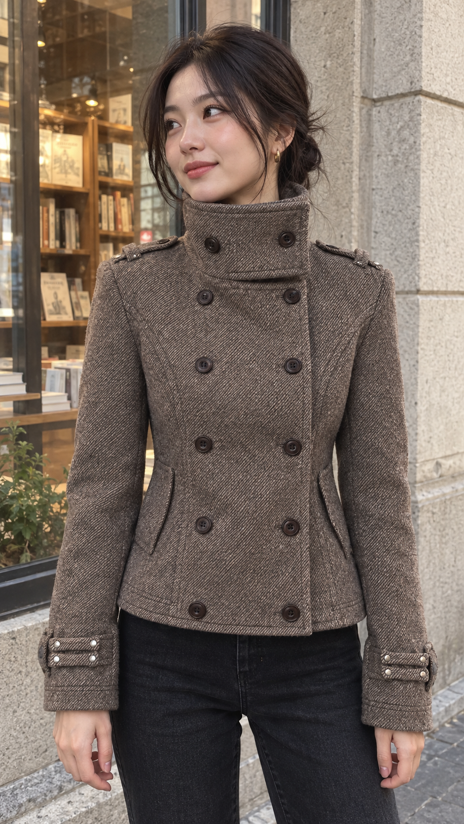 AI-styled look: Herringbone Tweed Peacoat Jacket, Floral Brown — Bookstore exterior