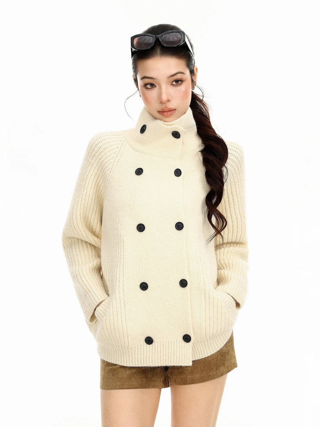 High-Neck Double-Button Ribbed Cardigan — product view 1