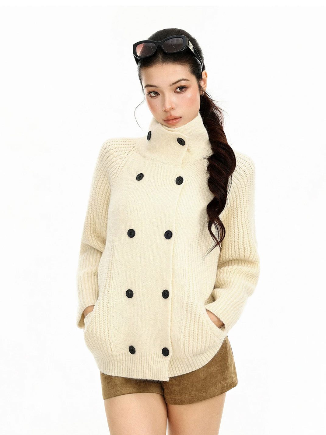 High-Neck Double-Button Ribbed Cardigan — product view 3