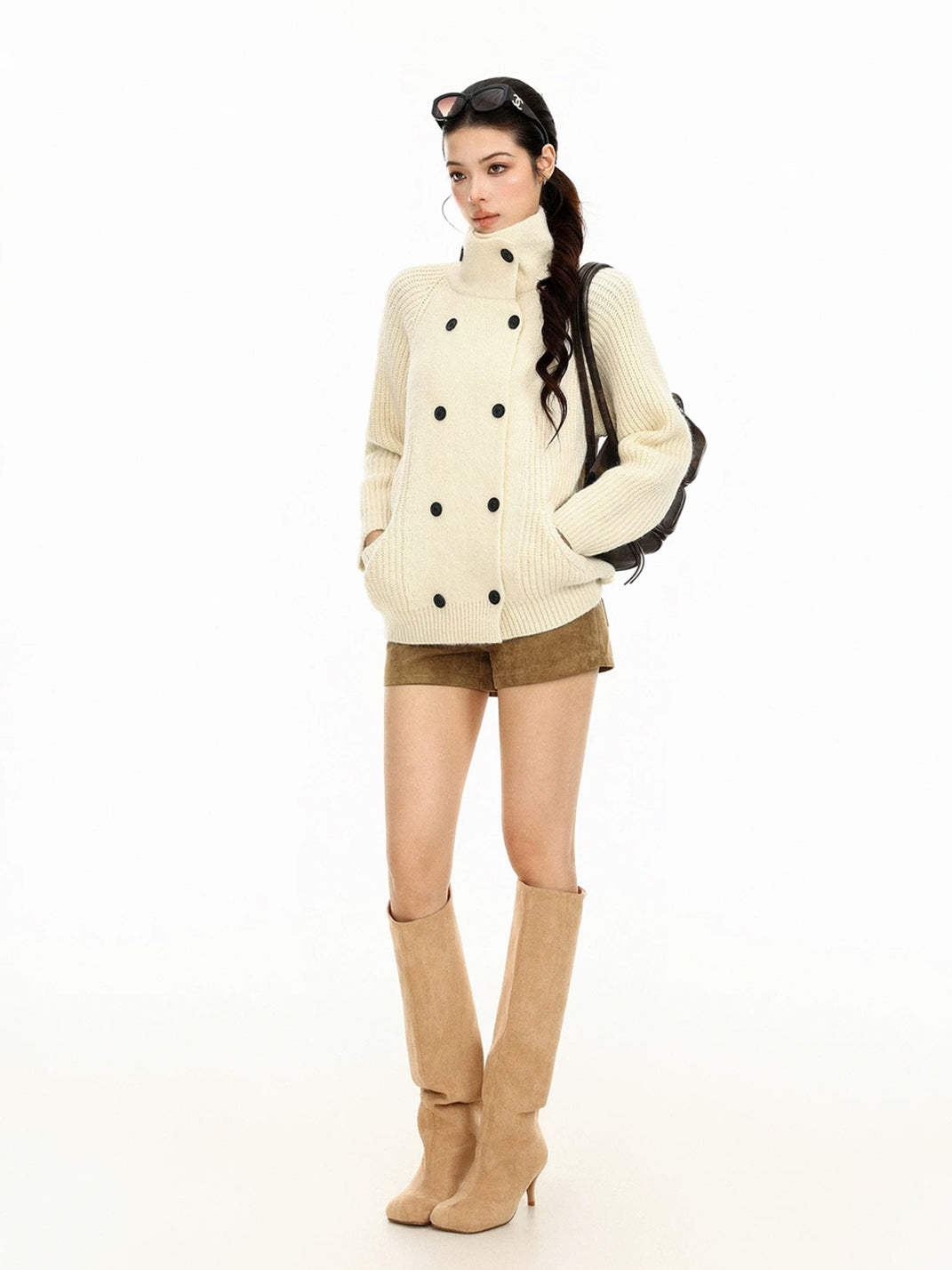 High-Neck Double-Button Ribbed Cardigan — product view 4
