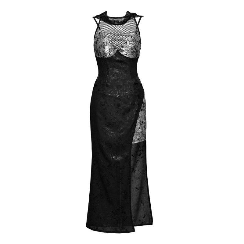 Mesh Panel Velvet Maxi Dress