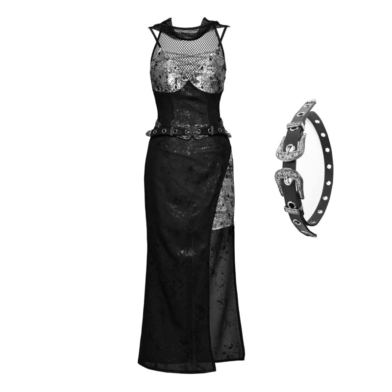 Mesh Panel Velvet Maxi Dress