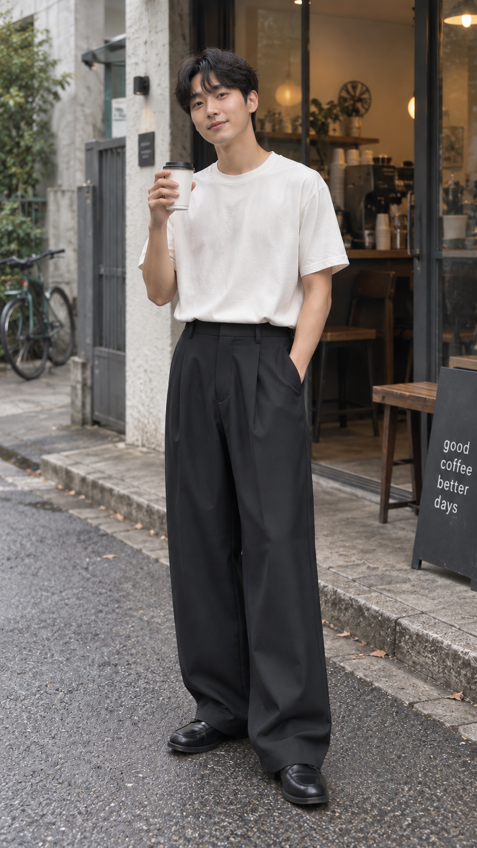 AI-styled outfit showcase: High-Waist Wide-Leg Pleated Trousers in Black, look 1