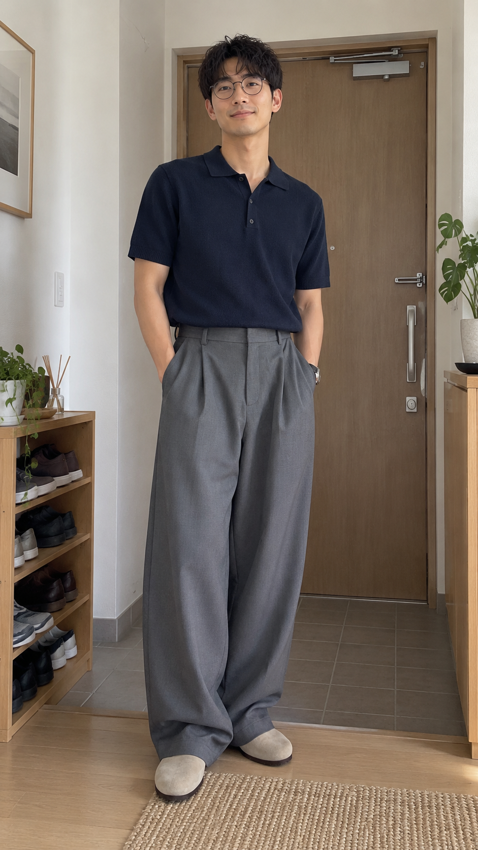 AI-styled outfit showcase: High-Waist Wide-Leg Pleated Trousers in Gray, look 2