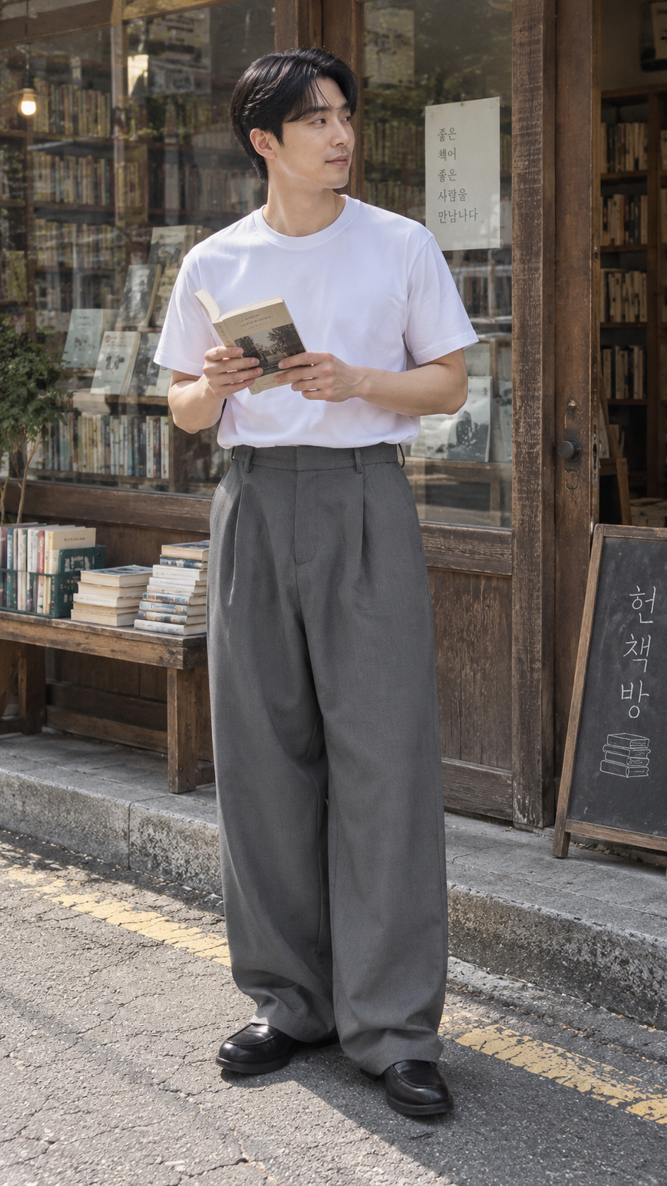 AI-styled outfit showcase: High-Waist Wide-Leg Pleated Trousers in Gray, look 3