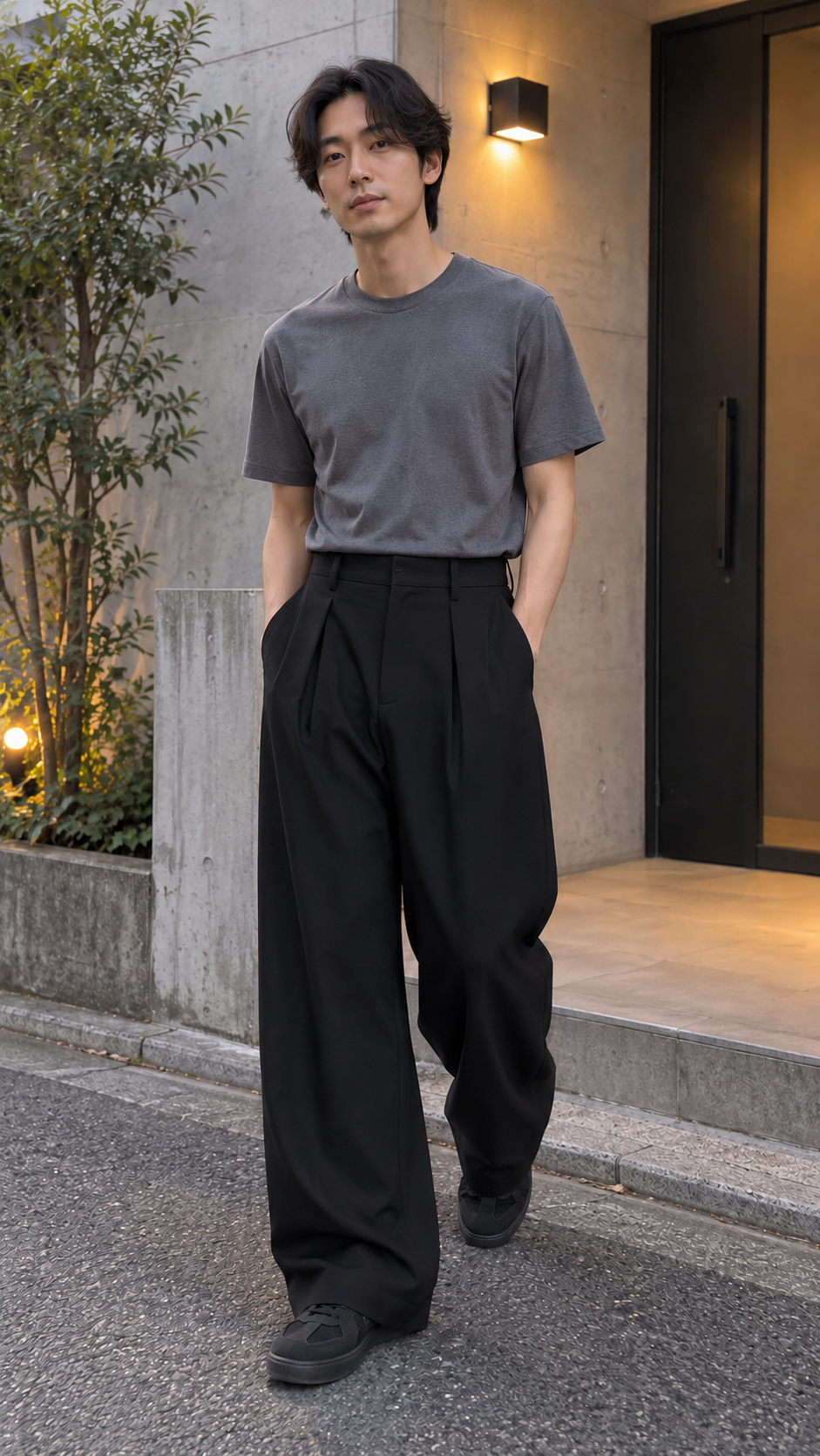 AI-styled outfit showcase: High-Waist Wide-Leg Pleated Trousers in Black, look 4