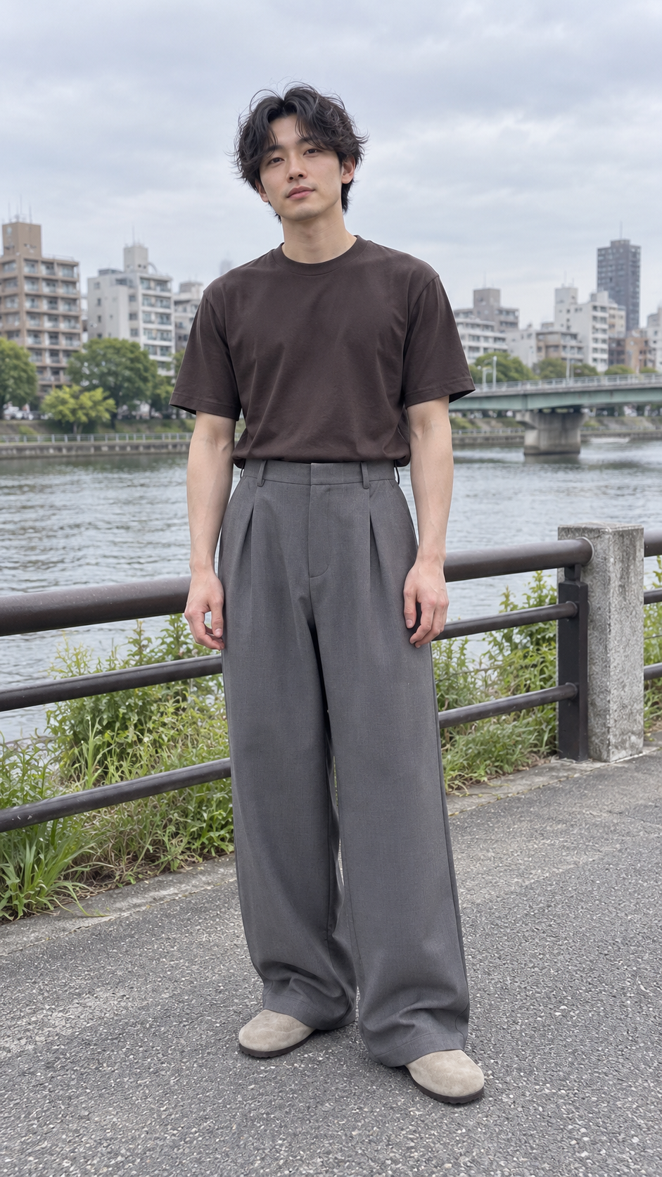 AI-styled outfit showcase: High-Waist Wide-Leg Pleated Trousers in Gray, look 5