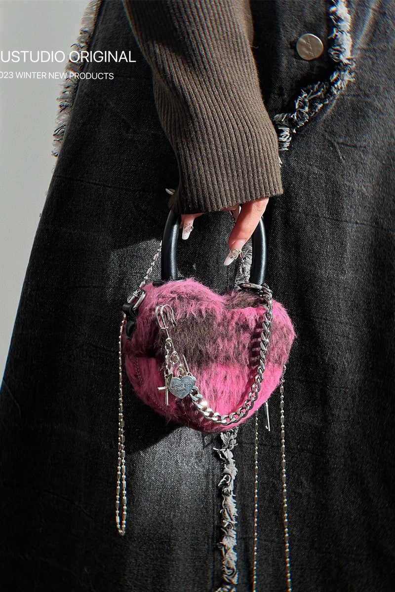 Pink Fuzzy Heart Mini Bag