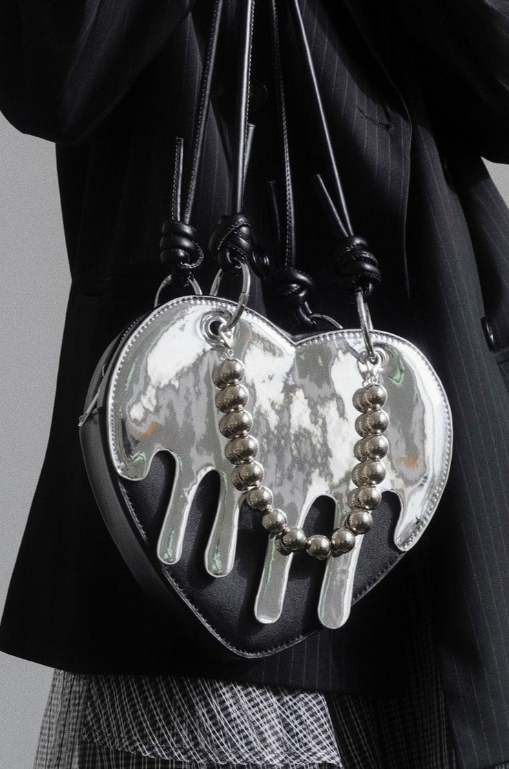 Metallic Heart Crossbody Bag - Liquid Chrome Mini Purse with Dangle Details
