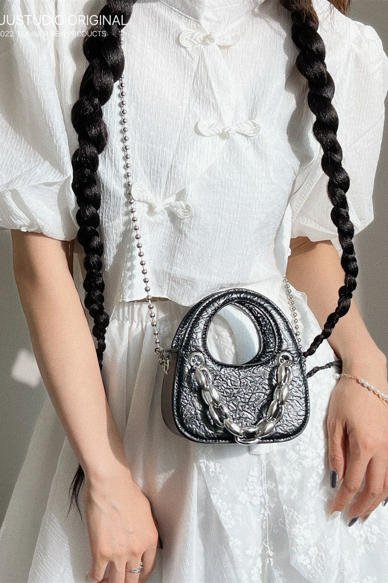 Metallic Silver Chain Detail Mini Handbag