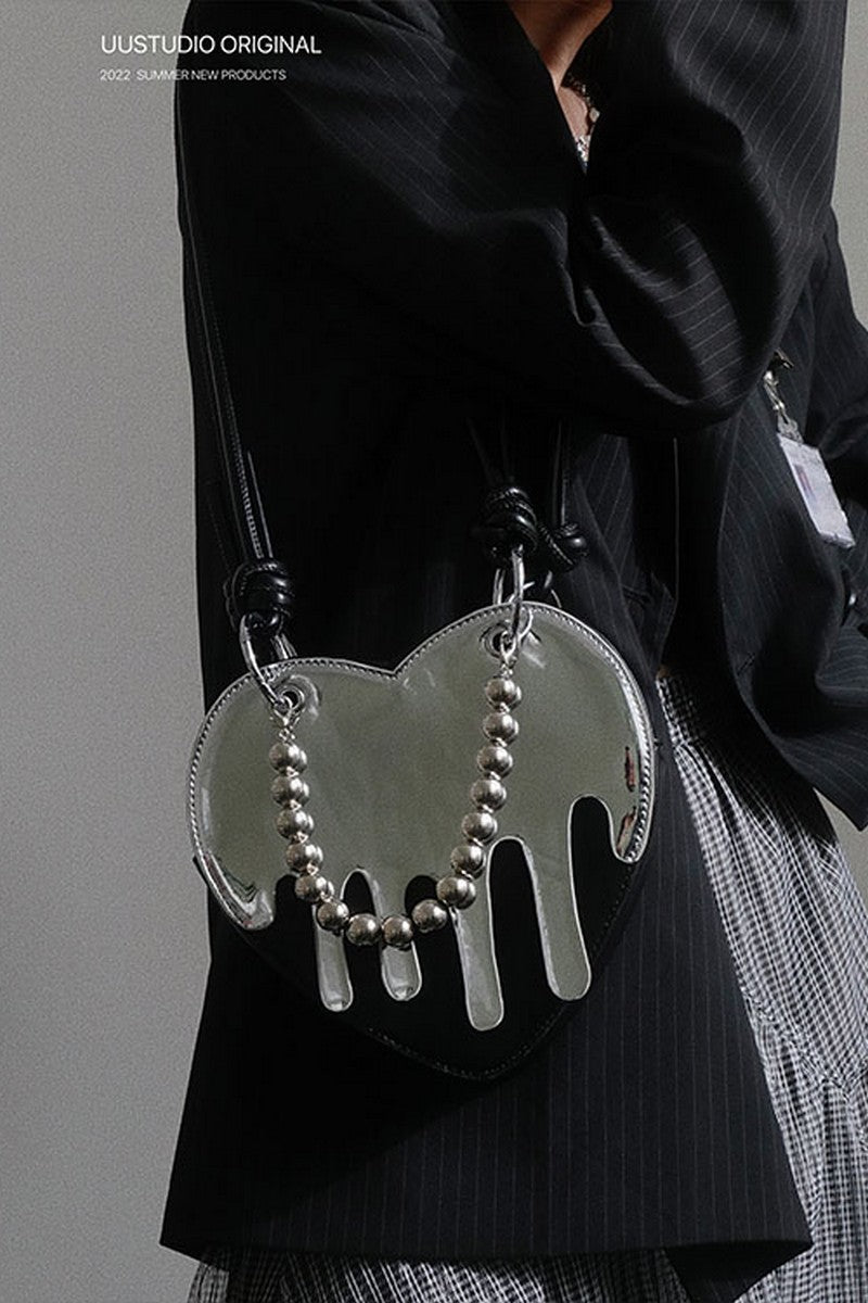 Metallic Heart Crossbody Bag - Liquid Chrome Mini Purse with Dangle Details