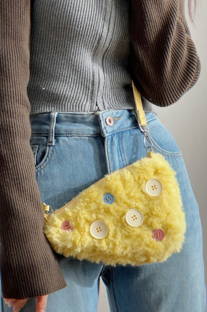 Yellow Furry Button Mini Shoulder Bag