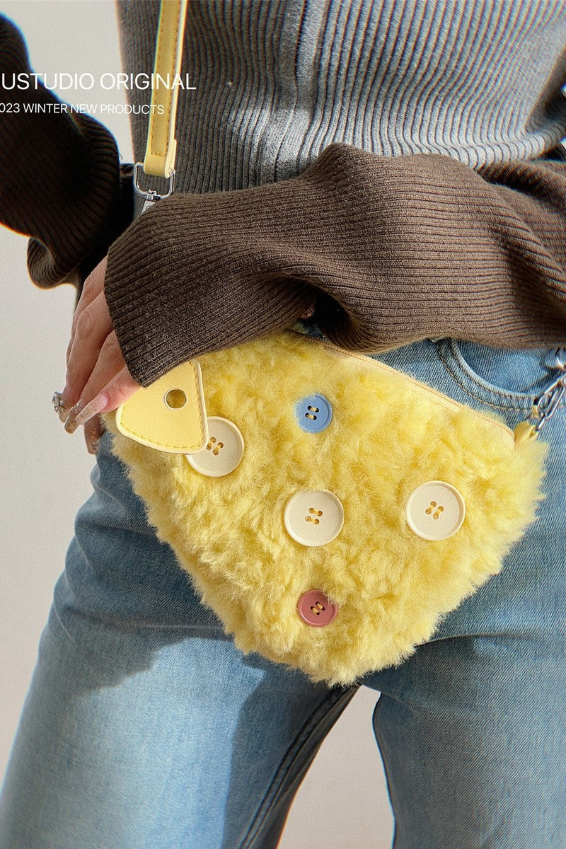 Yellow Furry Button Mini Shoulder Bag