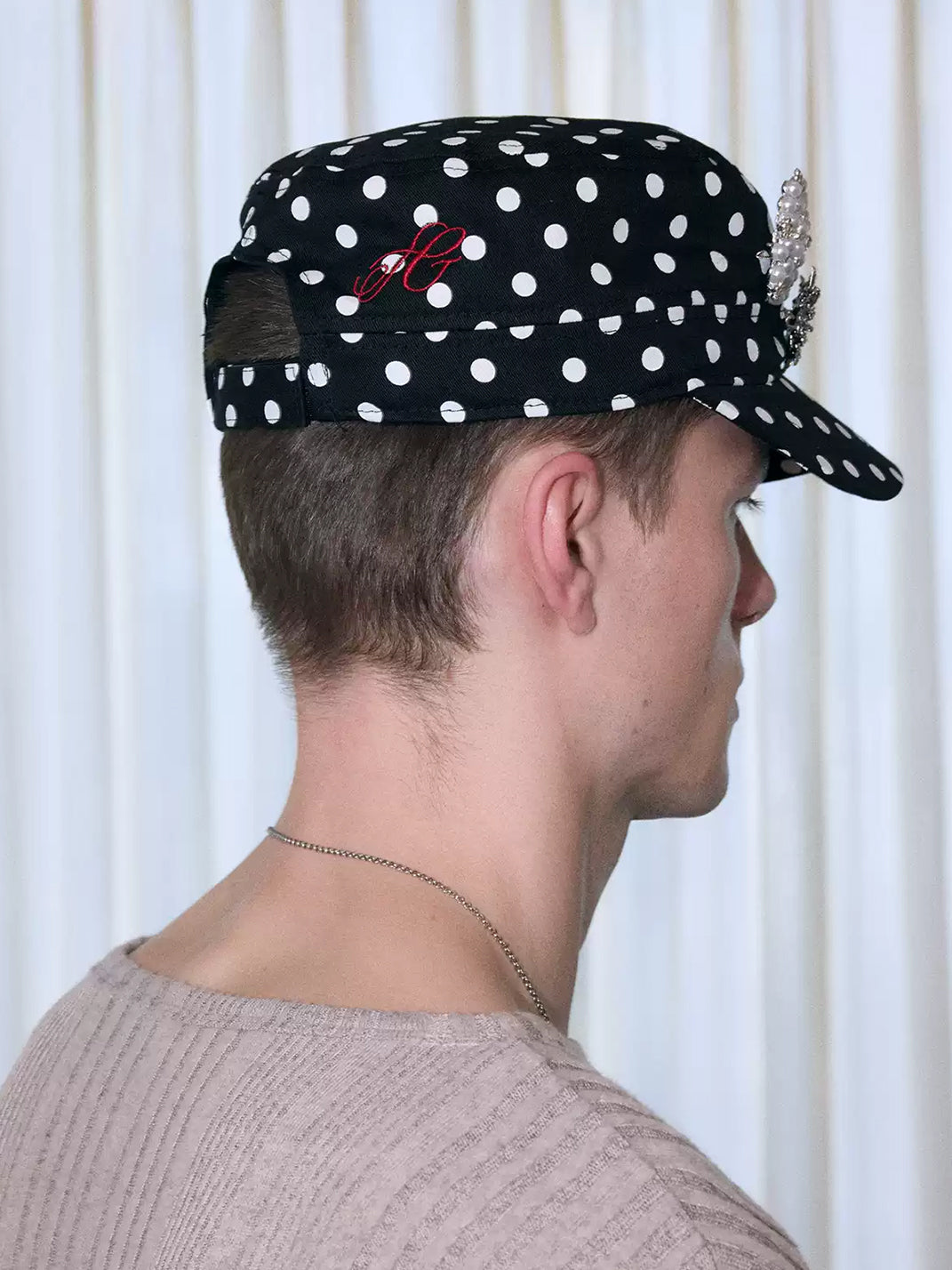 Polka-Dot Embroidered Vintage Flat-Top Cap - View 4