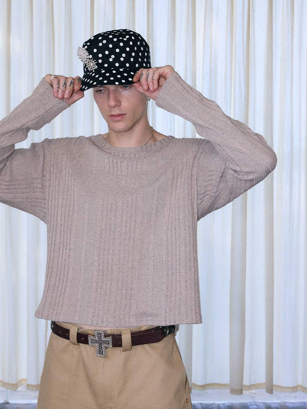 Polka-Dot Embroidered Vintage Flat-Top Cap - View 5