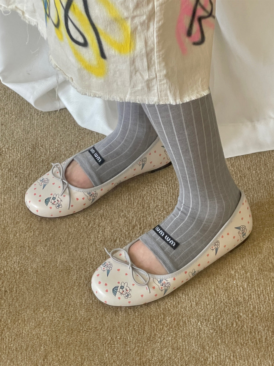 Illustrated Ribbon Square-Toe Ballet Flats - View 4