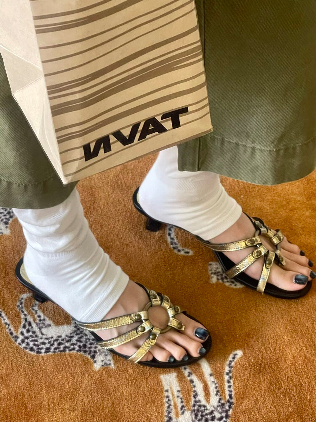 Crackle-Metal Jewel-Strap Kitten-Heel Sandals - View 2