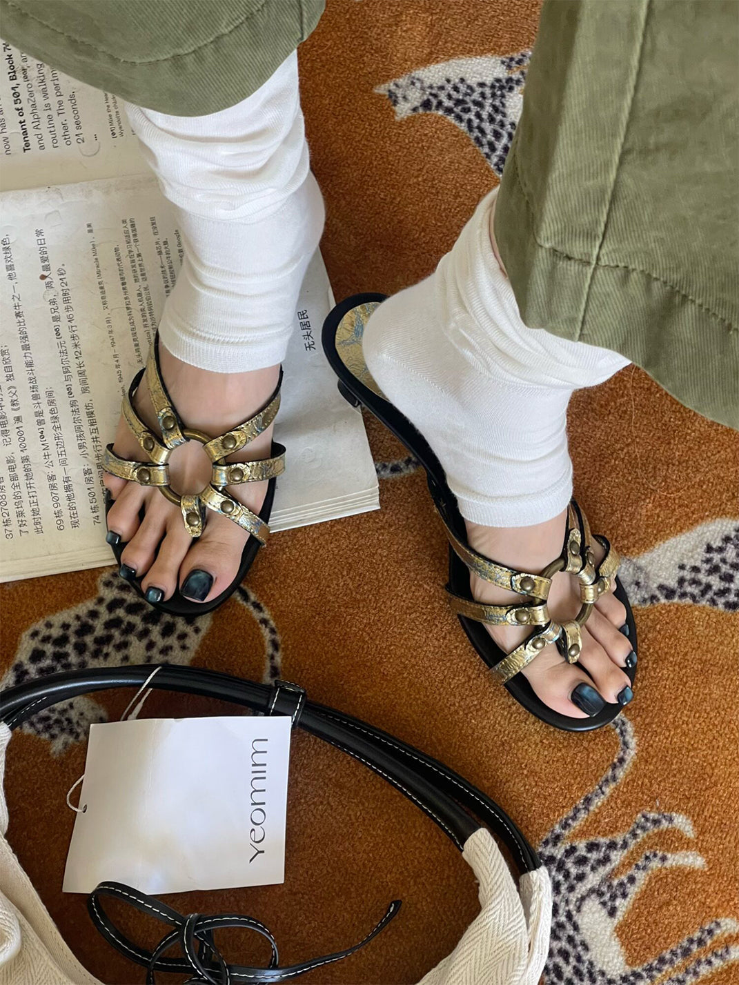 Crackle-Metal Jewel-Strap Kitten-Heel Sandals - View 3