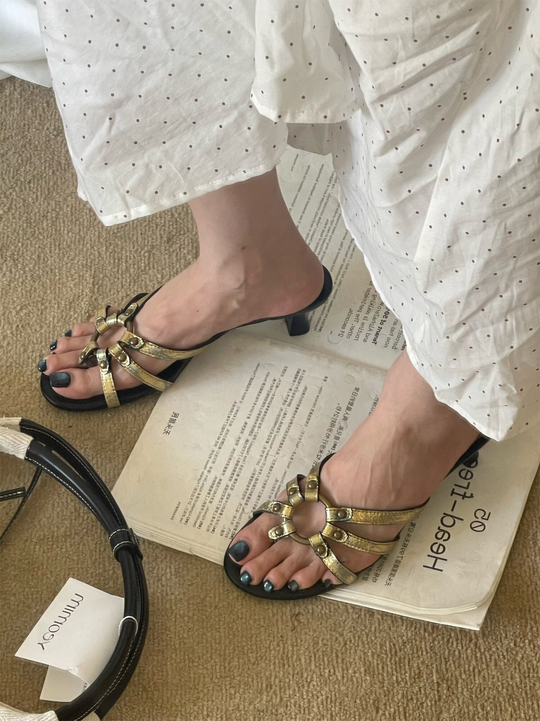 Crackle-Metal Jewel-Strap Kitten-Heel Sandals - View 4
