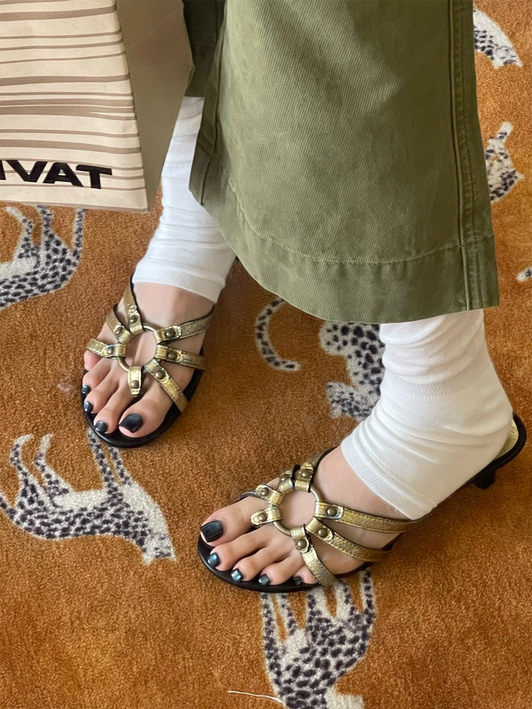 Crackle-Metal Jewel-Strap Kitten-Heel Sandals - View 6