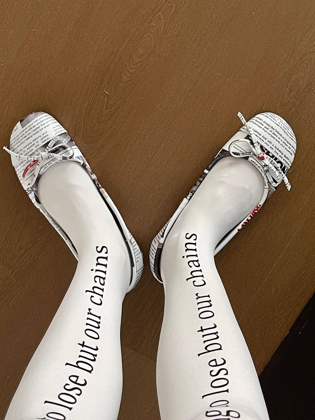 Newspaper-Print Bow Heels and Flats - View 3