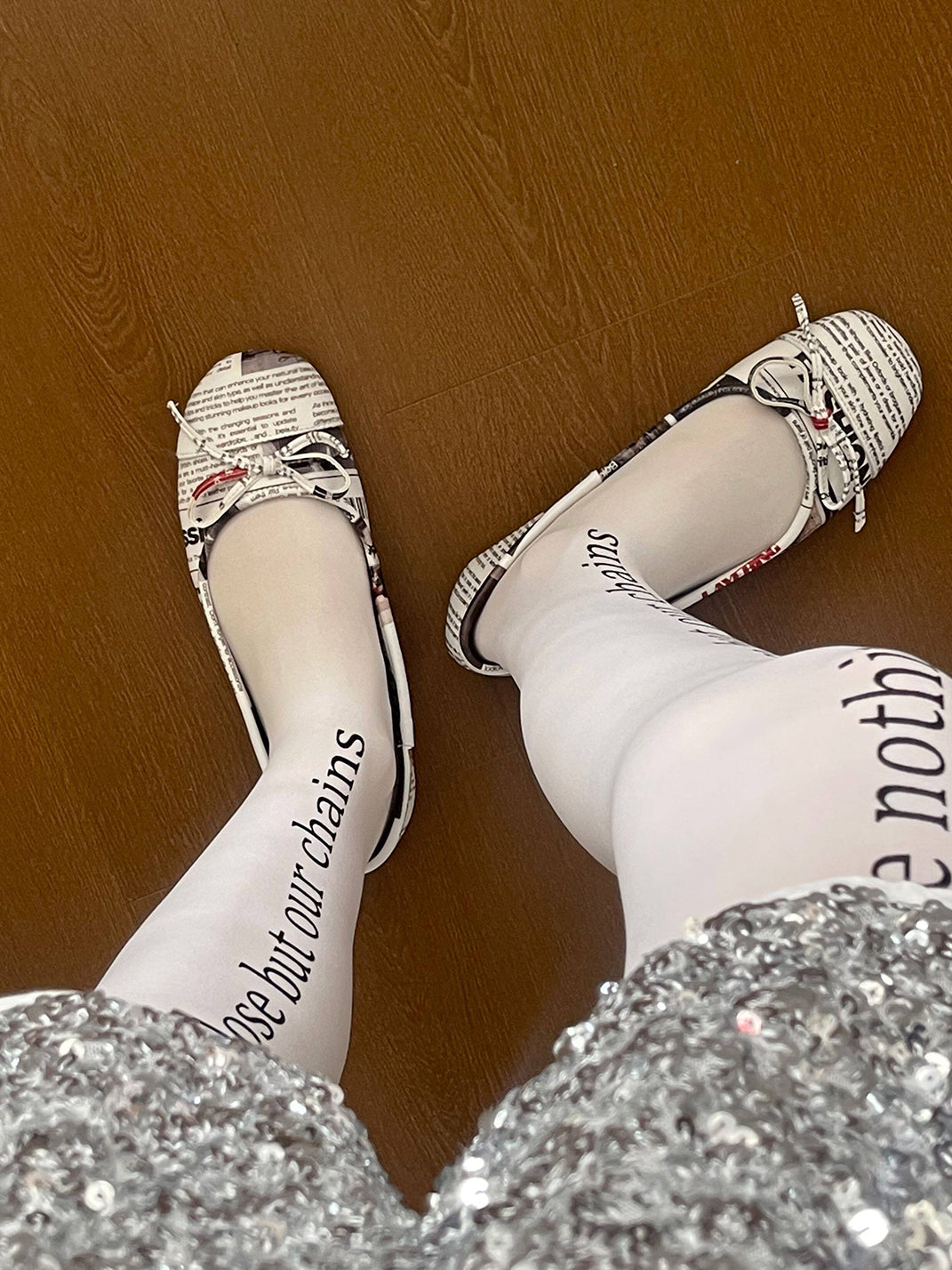 Newspaper-Print Bow Heels and Flats - View 5