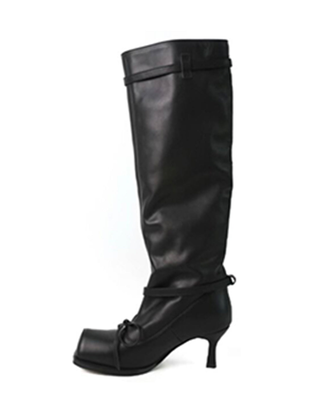 Square-Toe Bow Knee-High Leather Boots