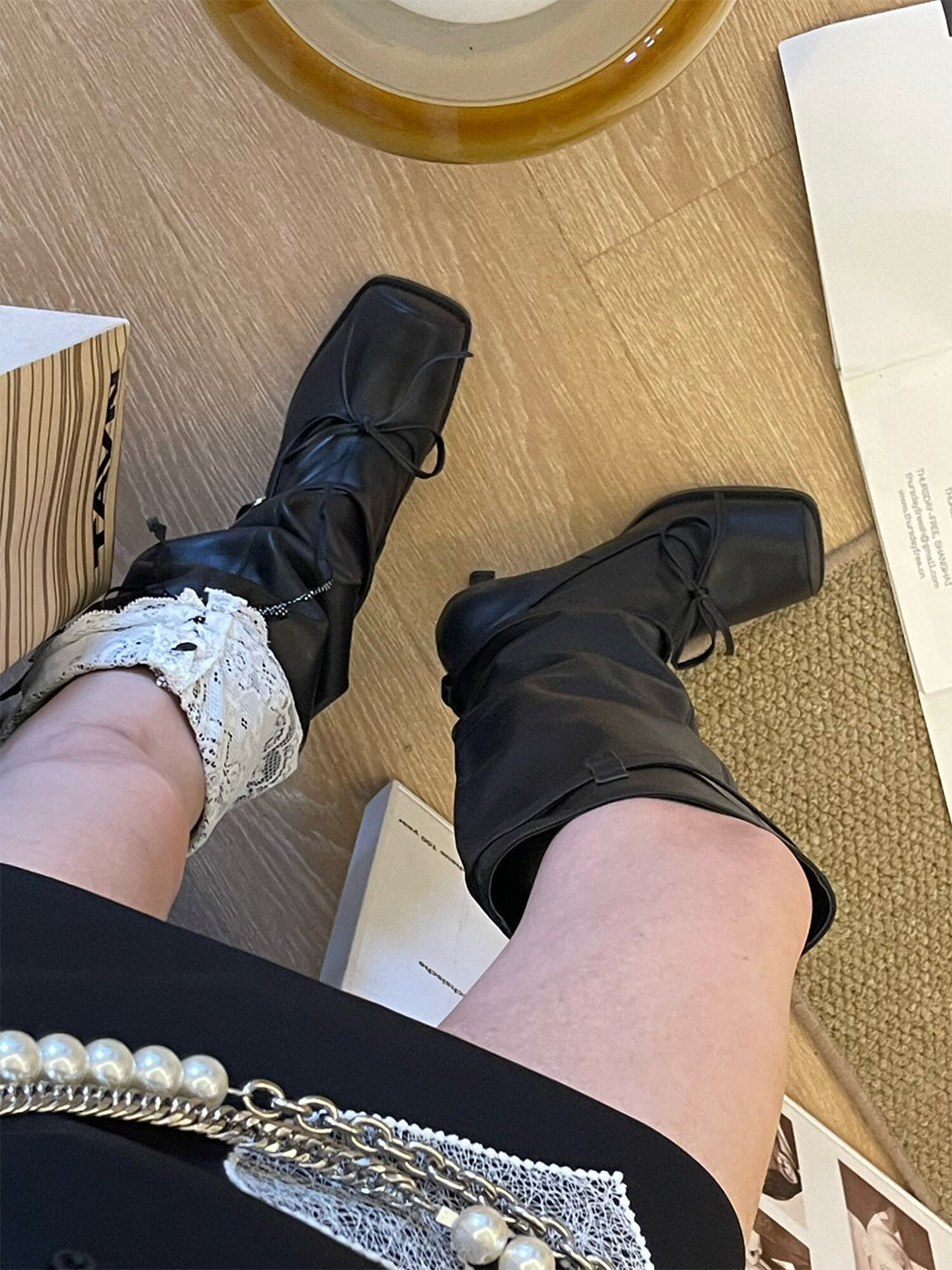 Square-Toe Bow Knee-High Leather Boots - View 6