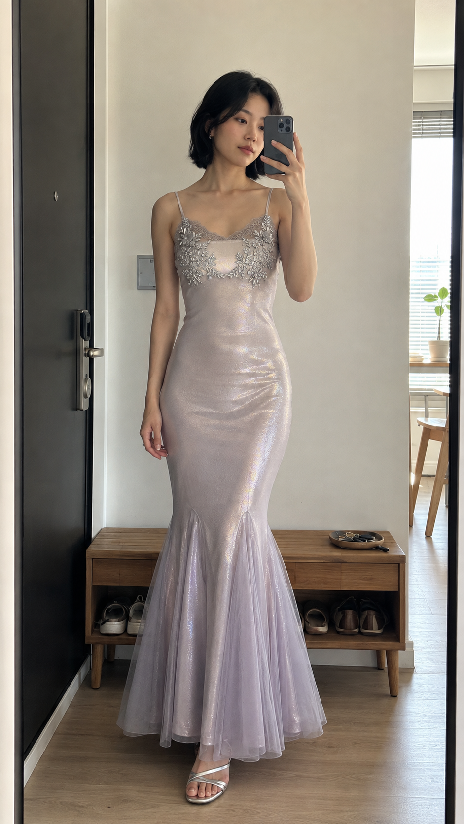 Iridescent Lilac Mermaid Gown — Apartment mirror check; styled over a separate tonal base layer