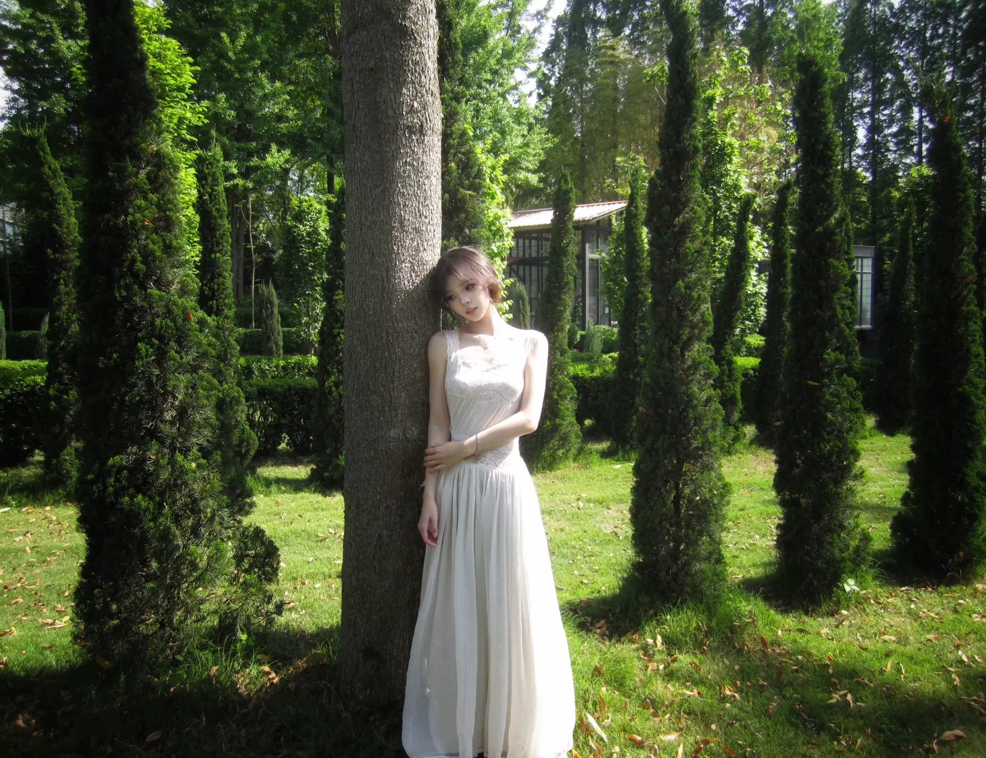 Ivory lace open-back maxi dress, front view