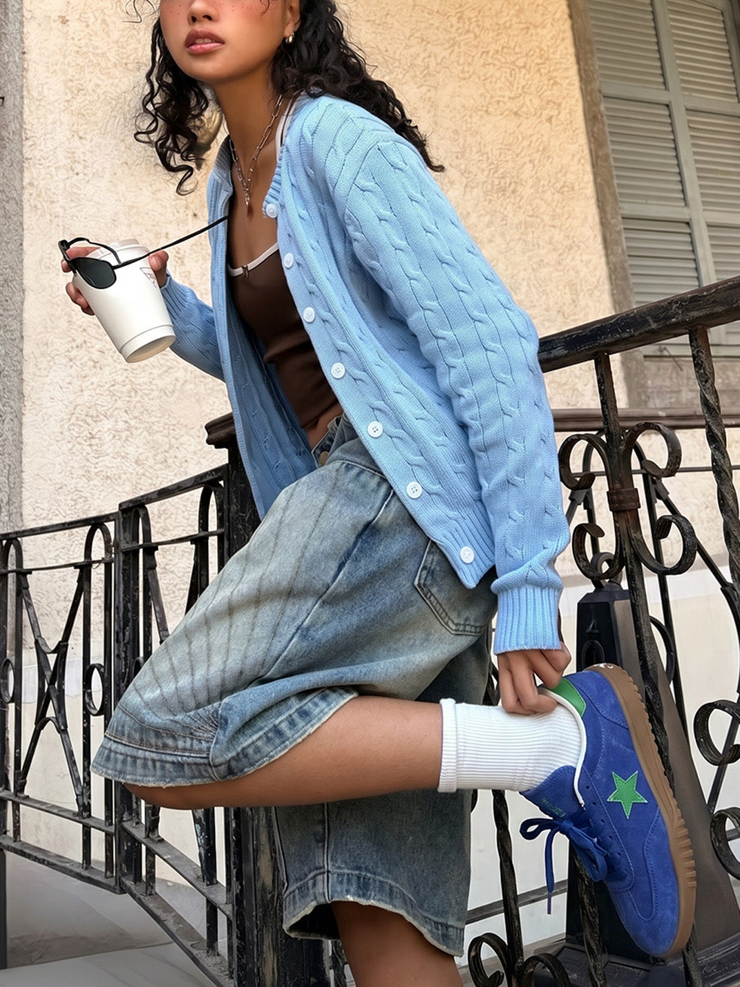 Star-Embroidered Blue Suede Gum Trainers - View 3