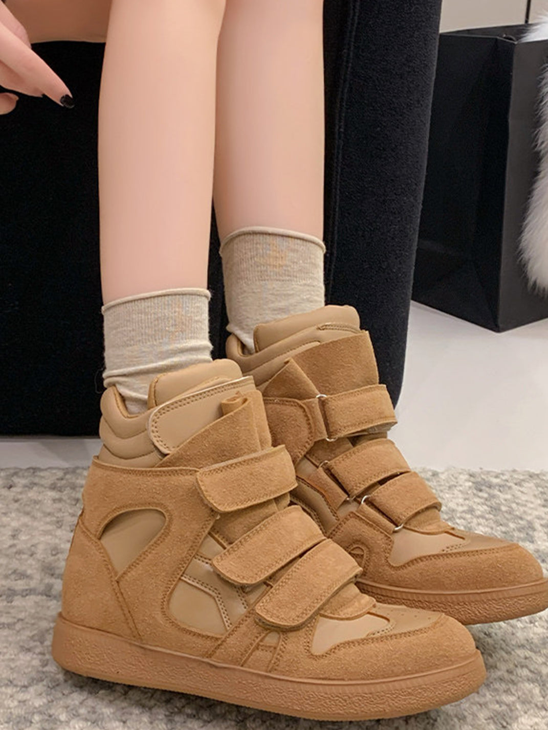 Multi-Strap Hidden-Wedge High-Top Sneakers - View 9