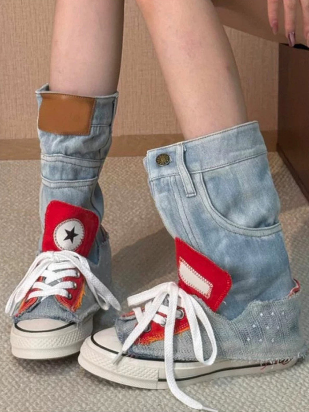 Denim Fold-Cuff High-Top Platform Sneakers - View 3