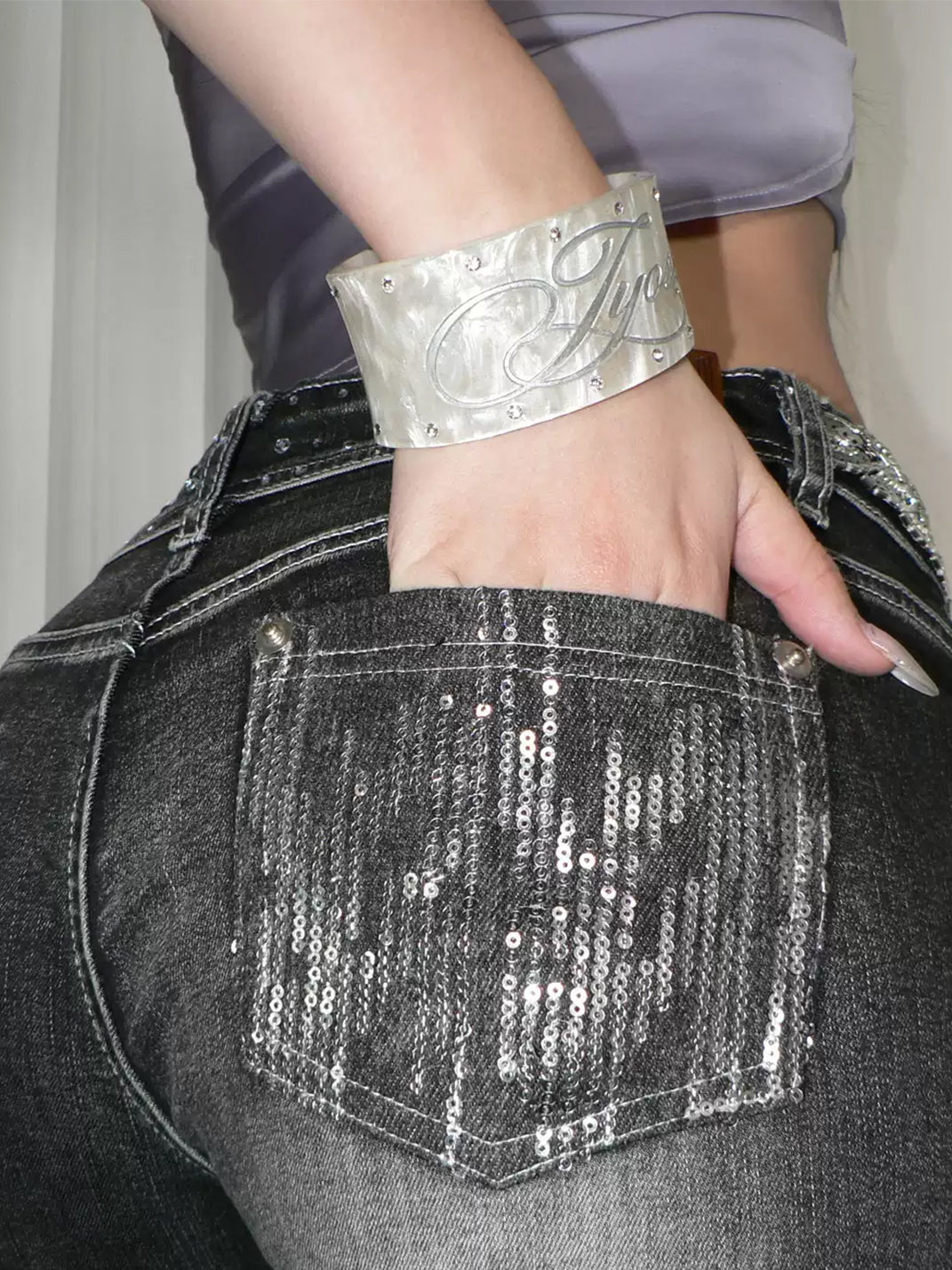 Rhinestone Script Wide Cuff Bracelet - View 11