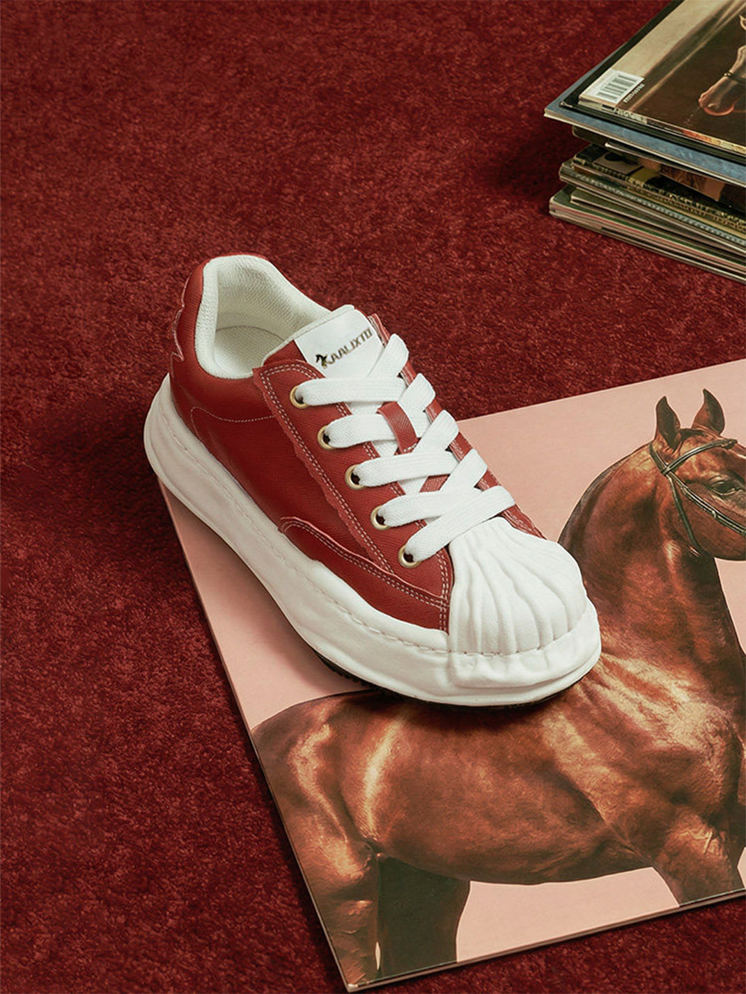 Crimson Leather Molded-Toe Court Sneakers - View 9