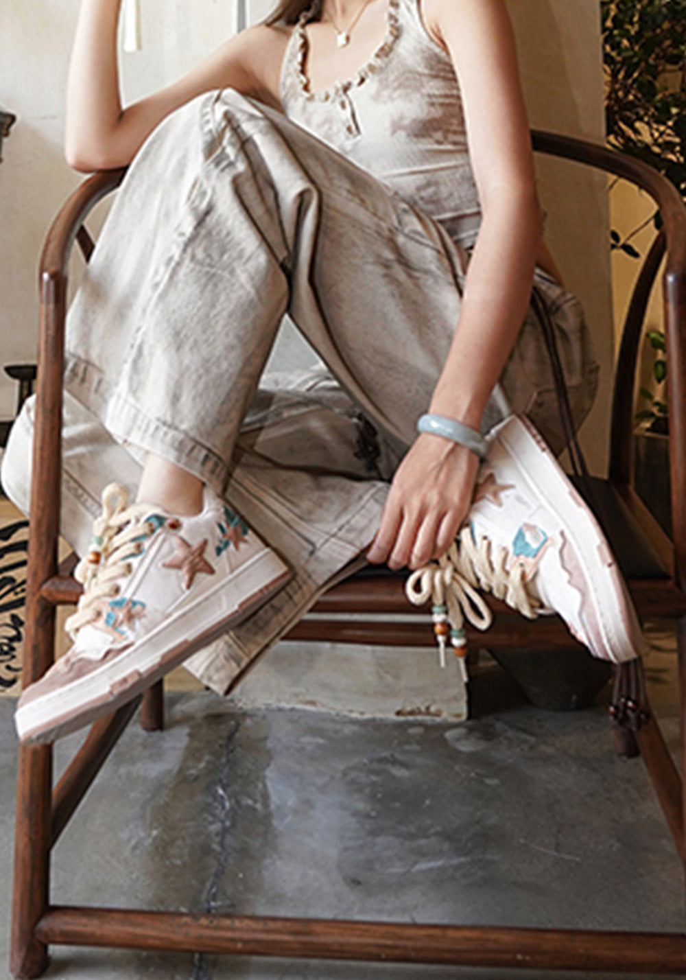 Jacquard Star-Panel Retro Court Sneakers - View 2
