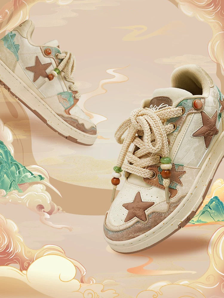 Jacquard Star-Panel Retro Court Sneakers - View 5