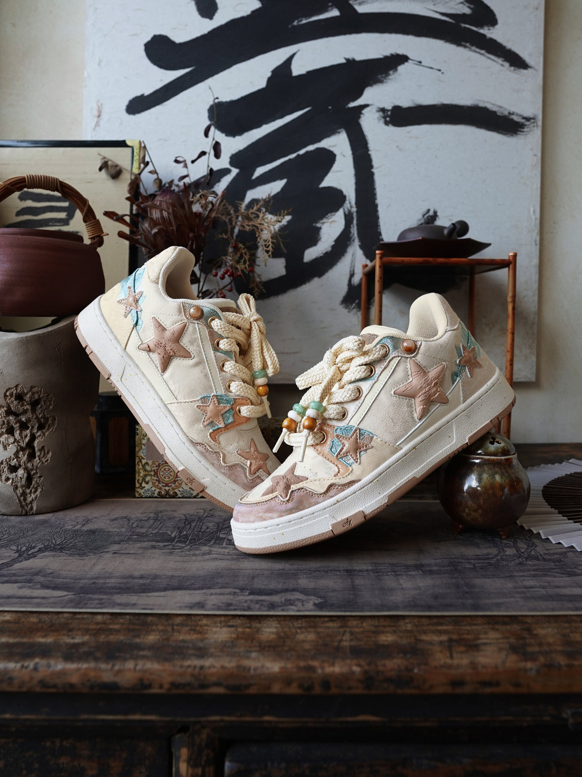 Jacquard Star-Panel Retro Court Sneakers - View 9