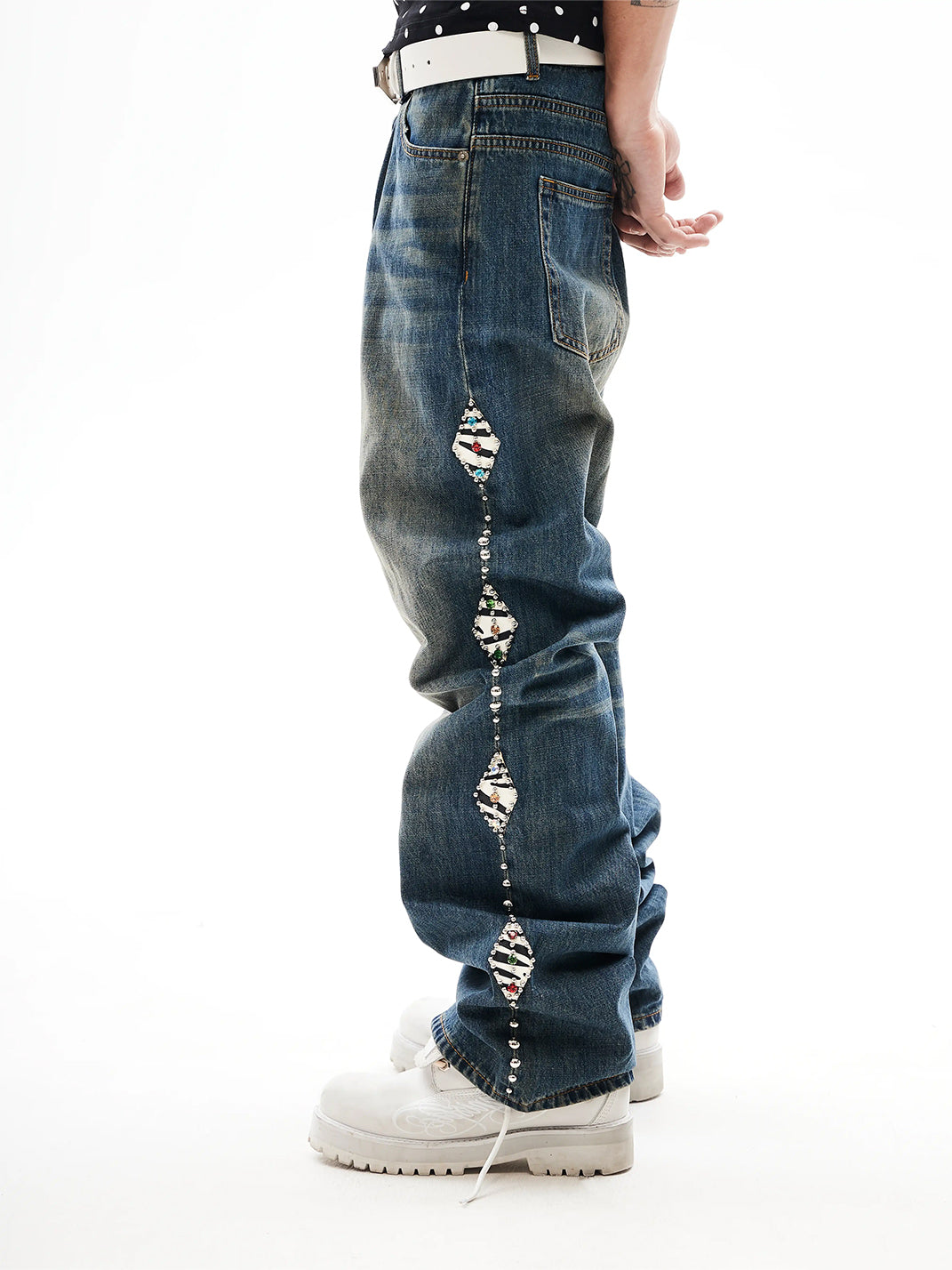 Beaded Side-Trim Washed Straight-Leg Jeans - View 3
