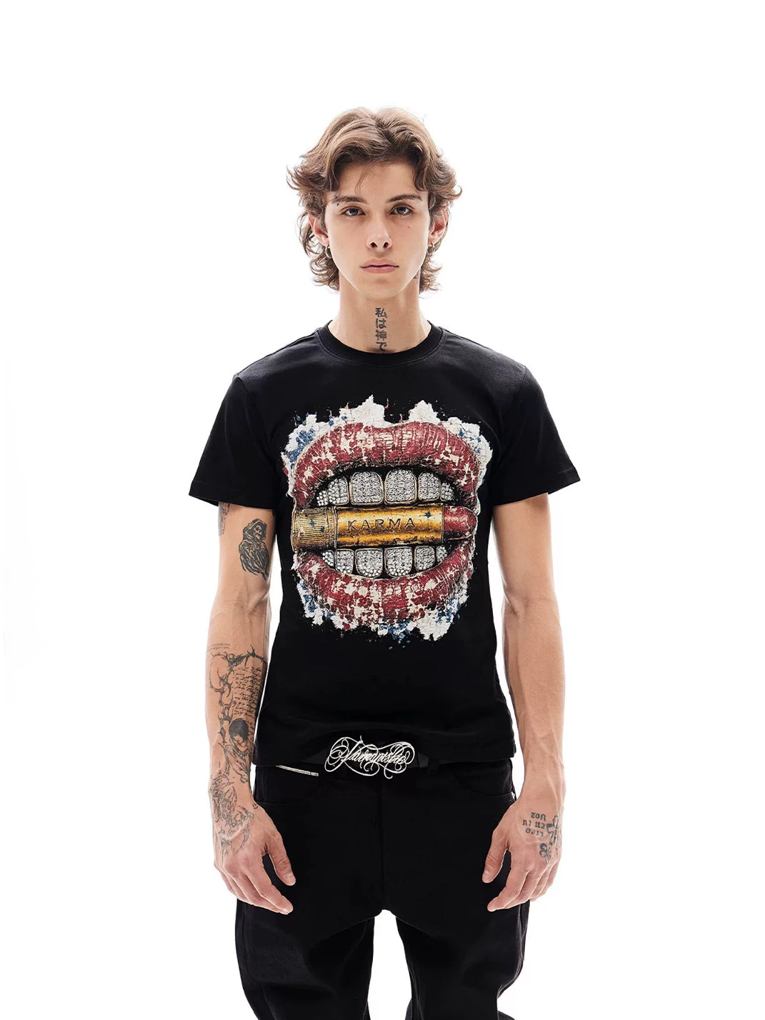 Rhinestone Lip Graphic Cotton T-Shirt - View 3