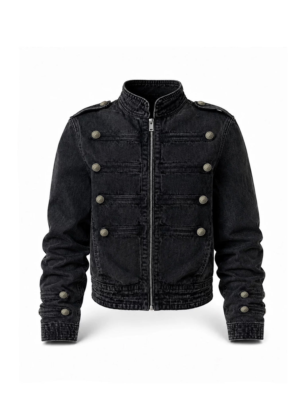 Washed Stand-Collar Zip Denim Jacket