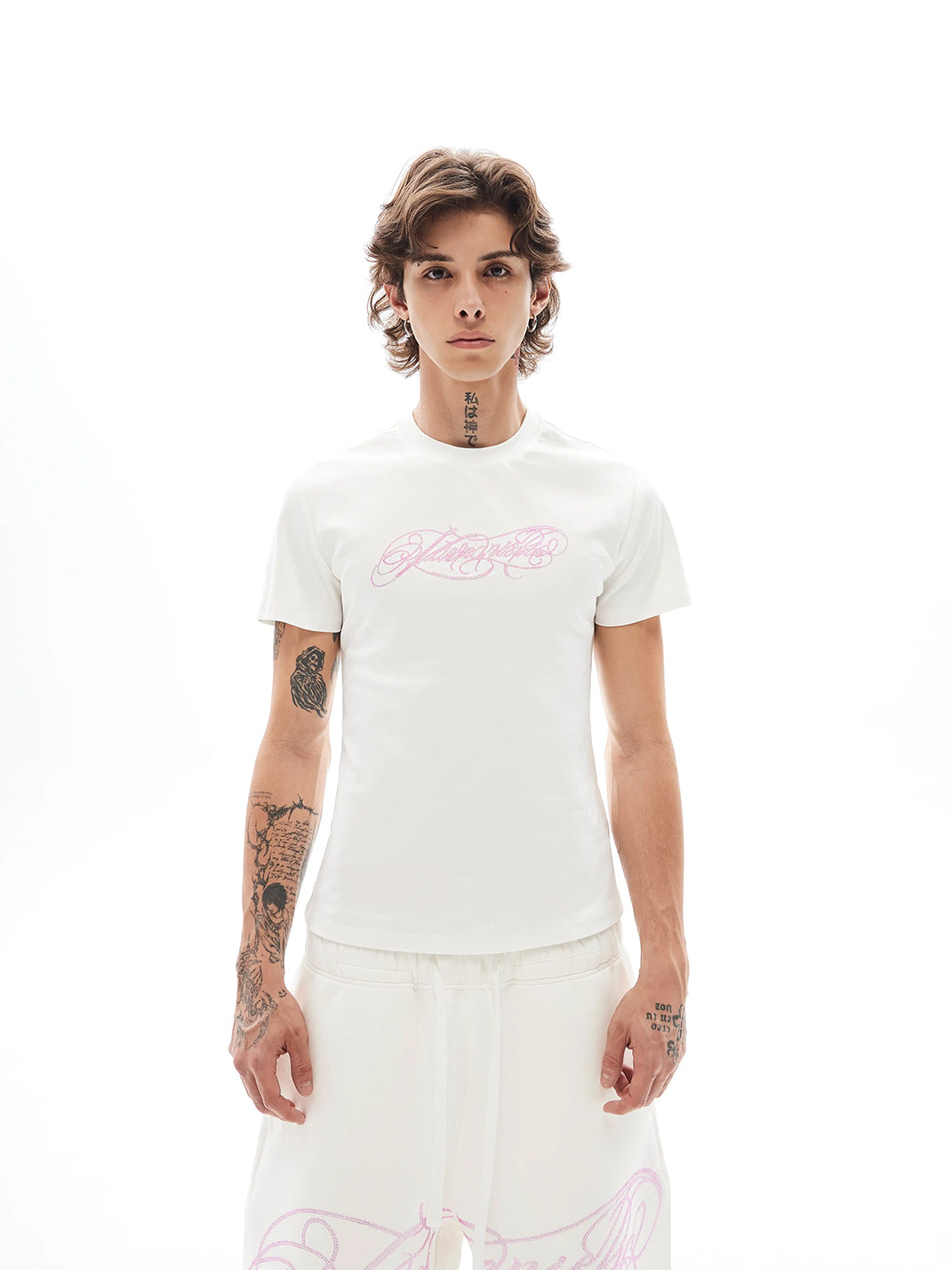 Rhinestone Script Slim-Fit Cotton T-Shirt - View 2