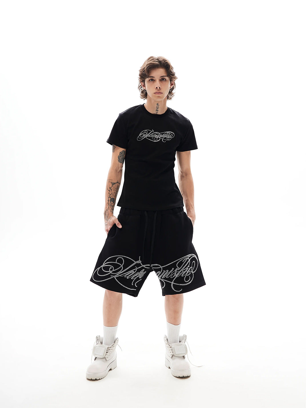 Rhinestone Script Slim-Fit Cotton T-Shirt - View 5
