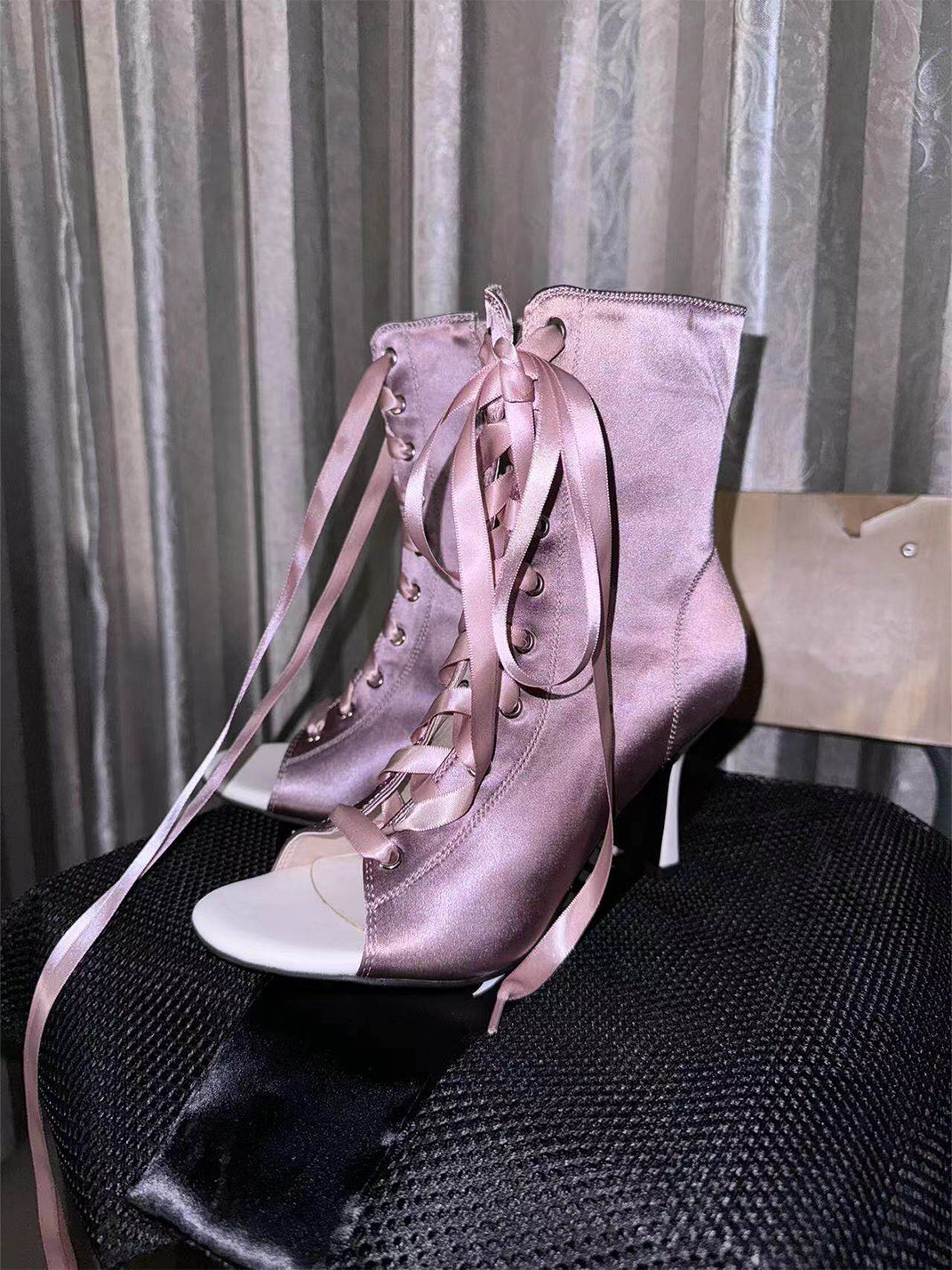 Satin Lace-Up Peep-Toe Ankle Heels - View 5