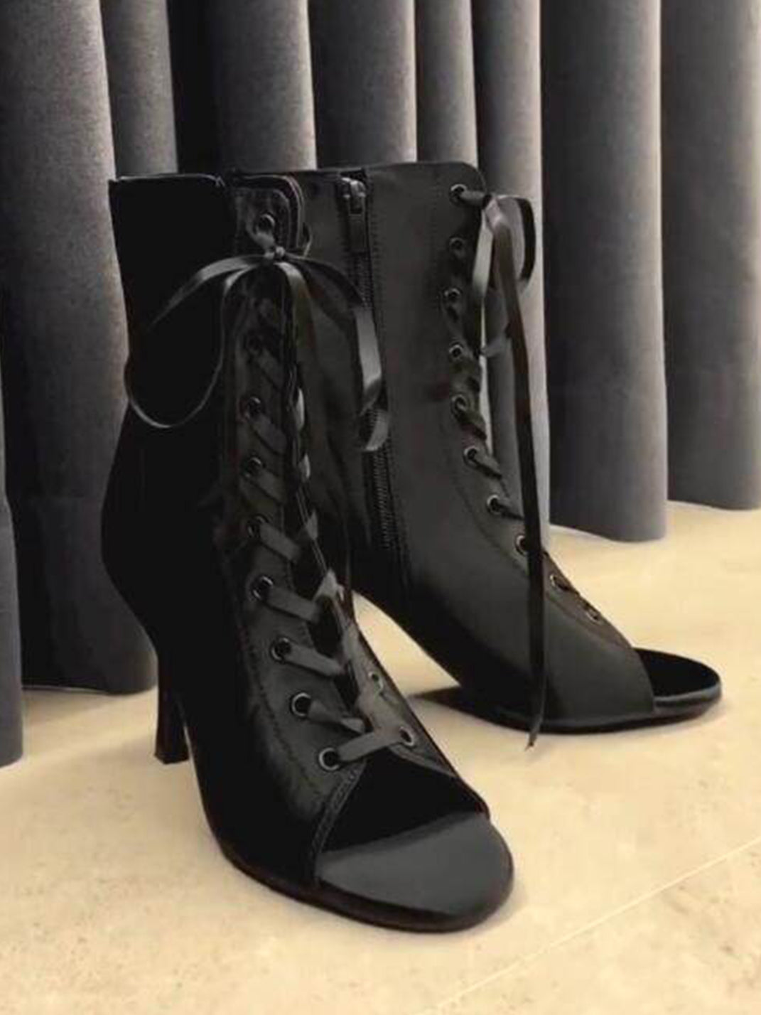 Satin Lace-Up Peep-Toe Ankle Heels - View 19