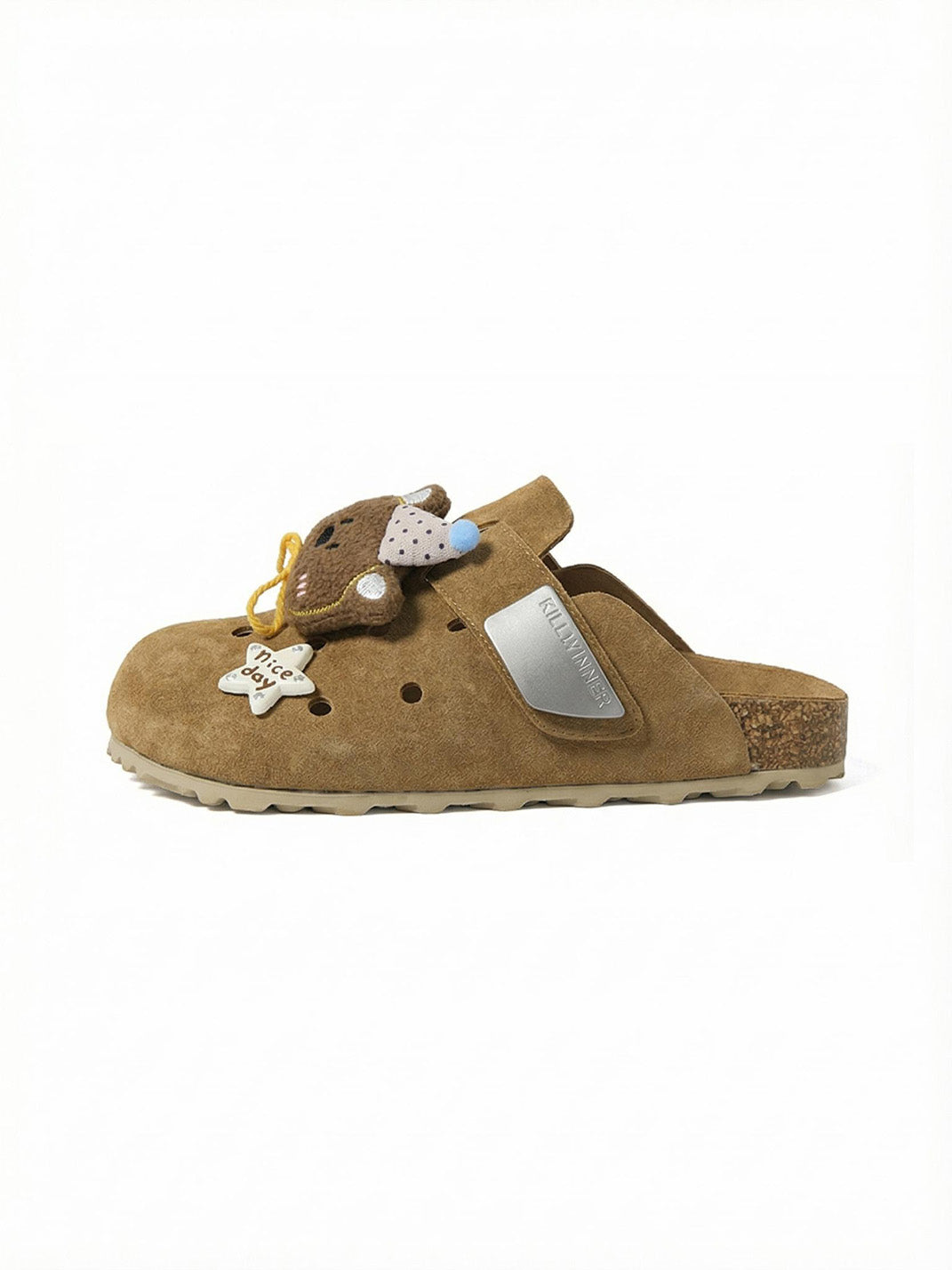 Charm-Embellished Perforated Brown Clogs