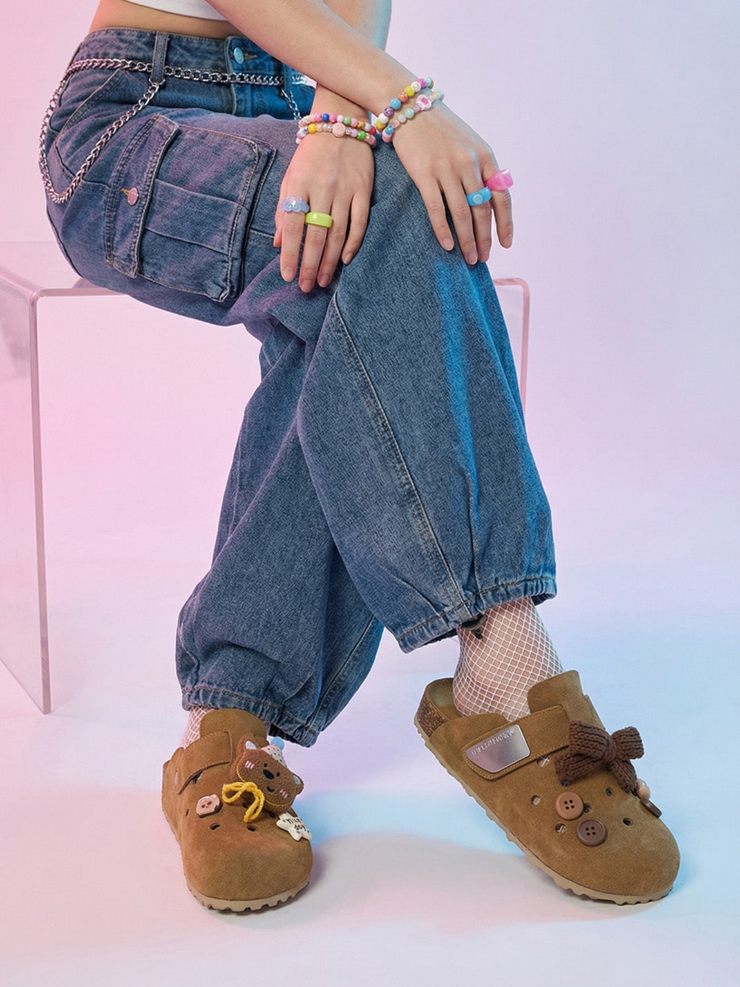 Charm-Embellished Perforated Brown Clogs - View 3