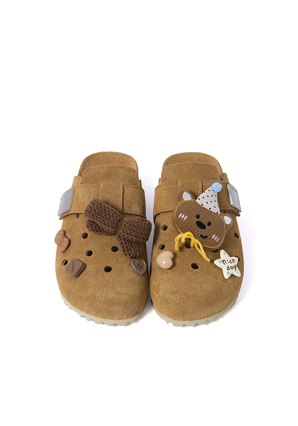 Charm-Embellished Perforated Brown Clogs - View 6